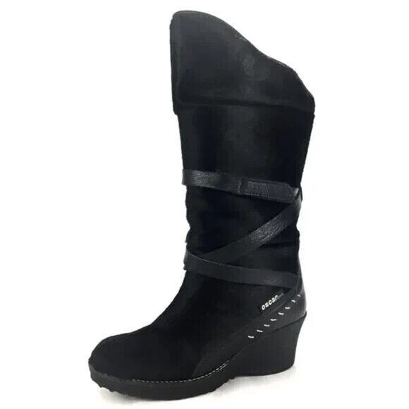 Oscar Sport Black Pony Wedge Fur Apres Ski Boot Round Toe Leather Strap … - Picture 1 of 9